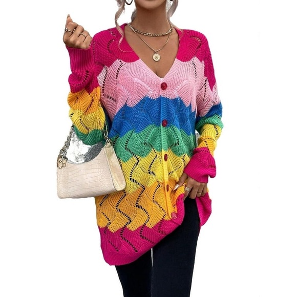 Casual Rainbow Stripe V neck Long Sleeve Multicolor Women Cardigans (Women's) - Picture 3 of 6